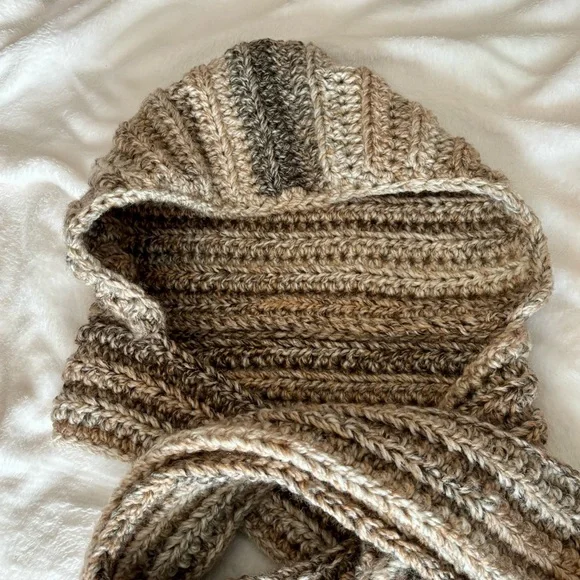 Chunky Neutral Crochet Hooded Scarf - Picture 3 of 5